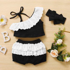 Black & White Asymmetric Ruffled Eyelet Baby Crop Top, Shorts, Headband 3pcs